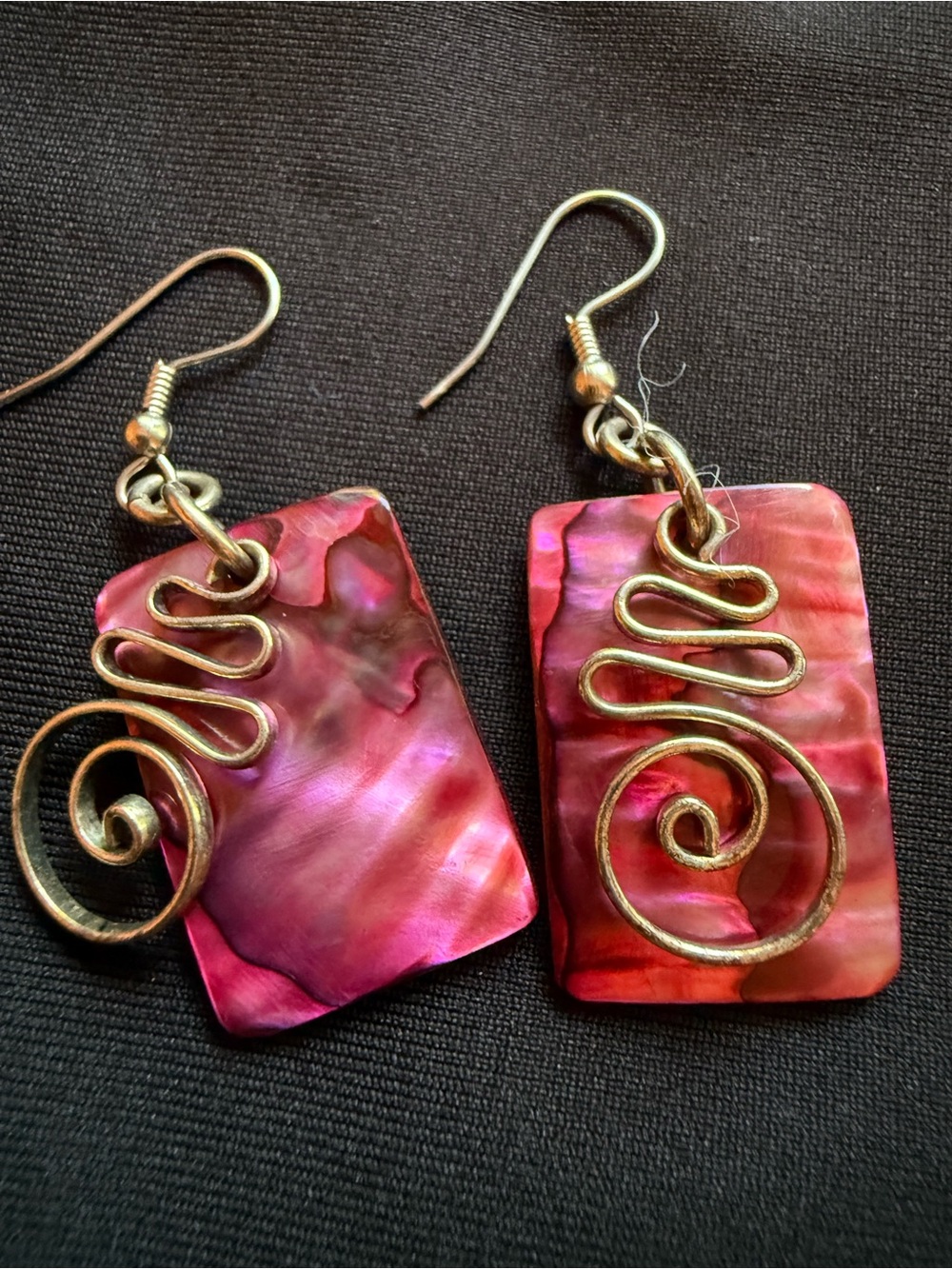 Handcrafted Pink Shell Rectangle Earrings with Gold Swirl Accent